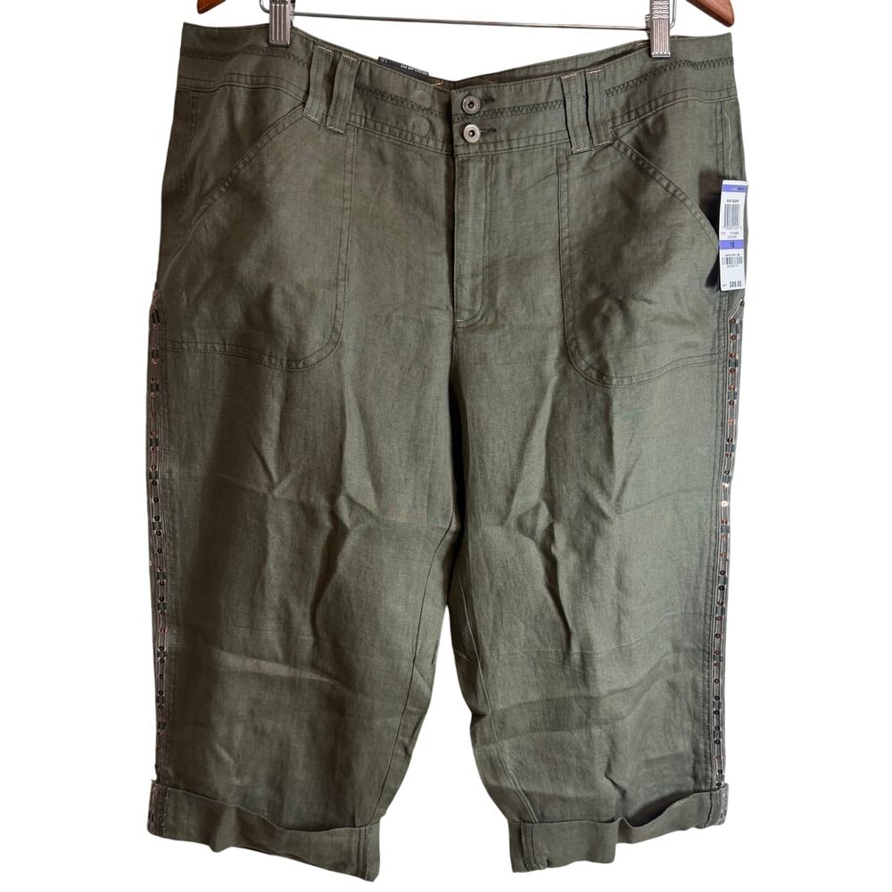 INC International Concept Linen Capri Pants Women 18 Olive Green Beaded Trim New - Picture 2 of 11